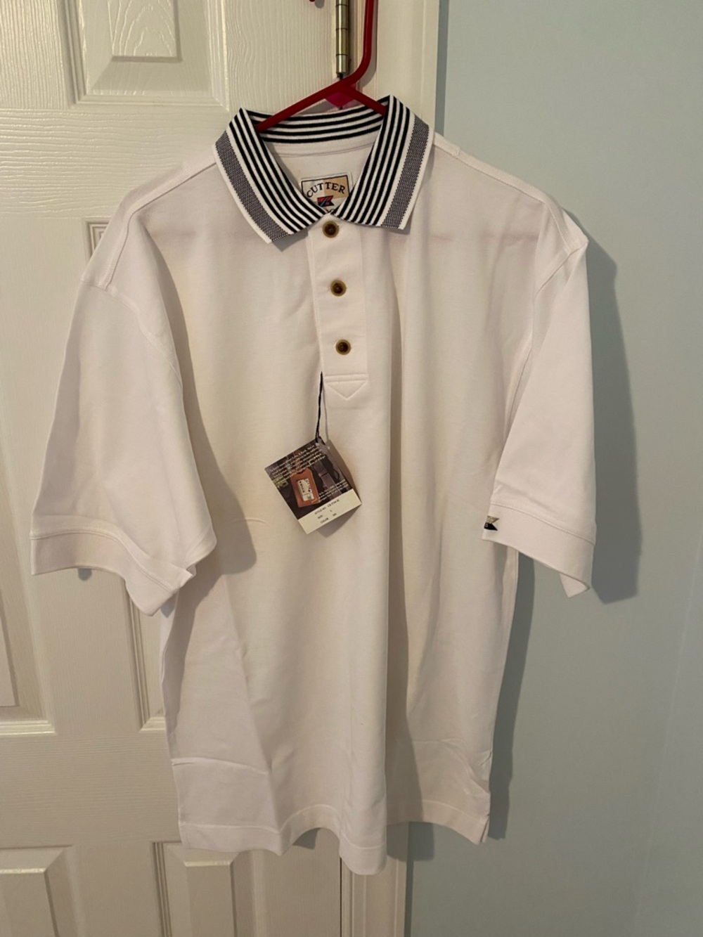 Cutter & Buck Vintage White Polo with Black-Striped Collar